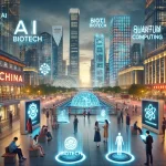 Futuristic night view of a Chinese cityscape with skyscrapers displaying AI, biotech, and quantum computing symbols, showcasing China’s advancements in technology.