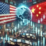 Realistic depiction of U.S.-China trade relations impact on financial markets with stock market graphs, currency rates, and a stock exchange background