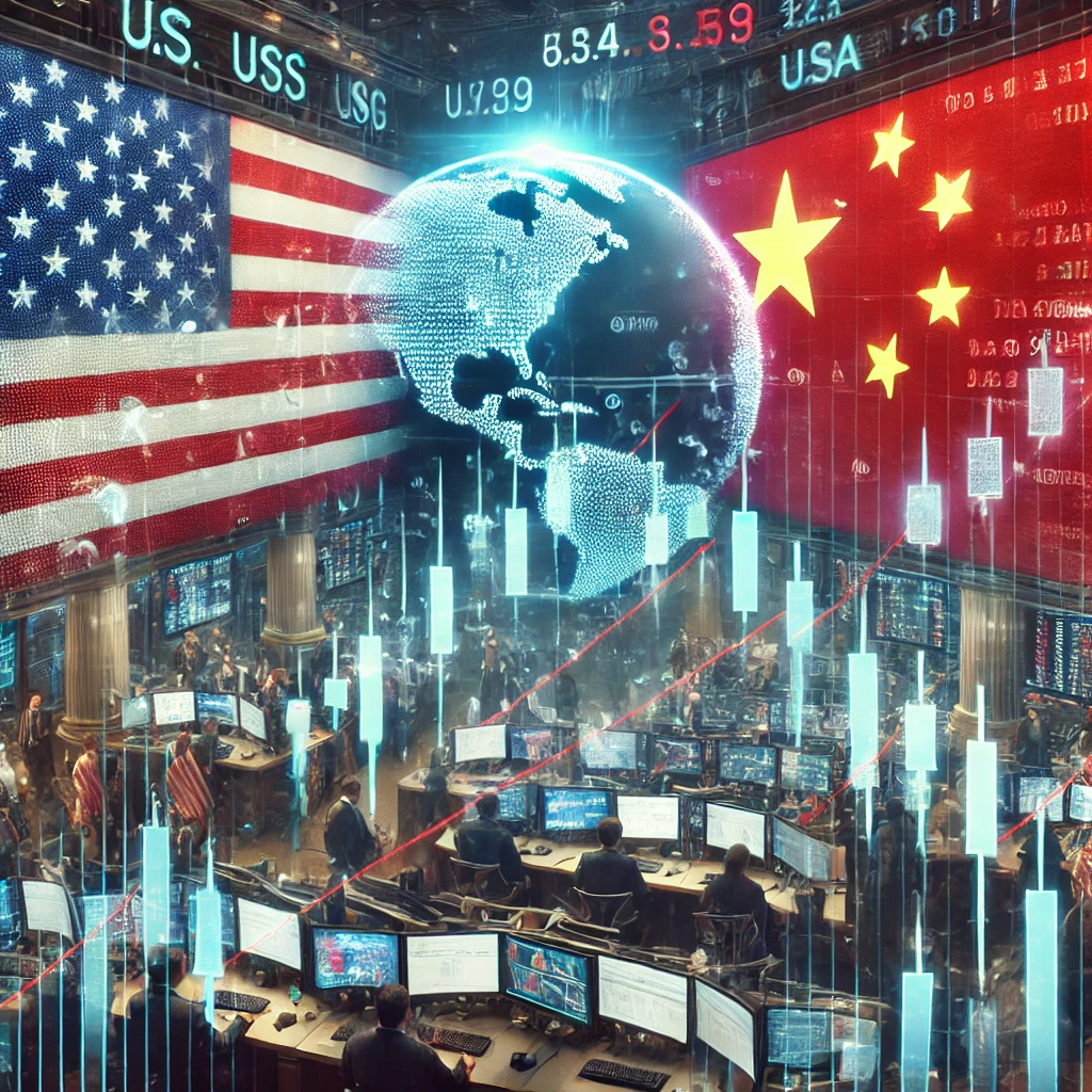 Realistic depiction of U.S.-China trade relations impact on financial markets with stock market graphs, currency rates, and a stock exchange background