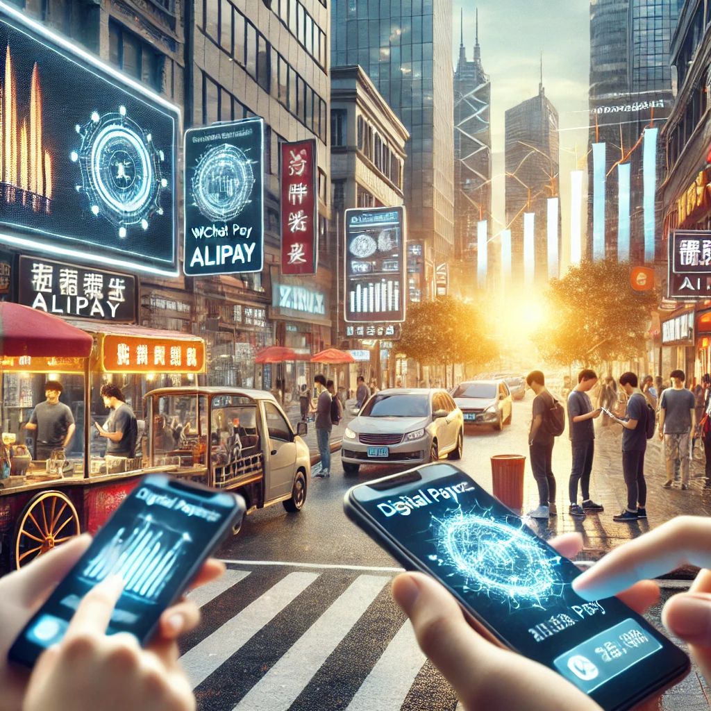 Realistic image of a busy street in China with people using smartphones for mobile payments, representing the growth of FinTech with digital banking and AI-driven tools.