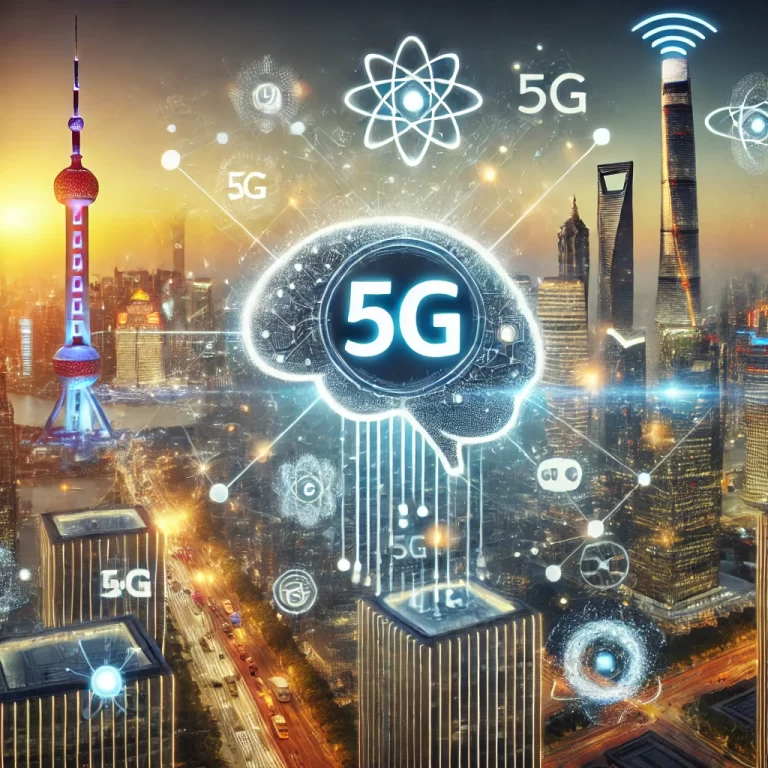 China's technological rise featuring 5G towers, AI icons, and quantum computing symbols with a futuristic city skyline in the background.