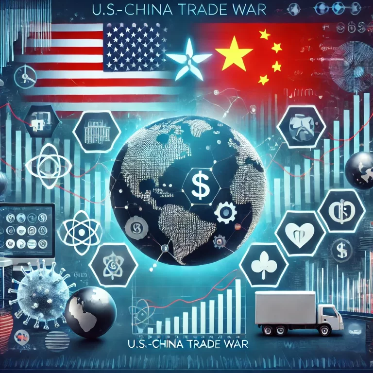 Visual representation of the U.S.-China trade war showing key industries like technology, healthcare, and renewable energy, with U.S. and China flags.