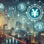 Futuristic representation of China's fintech advancements with digital yuan and decentralized finance (DeFi) symbols, blockchain connections, and global financial icons