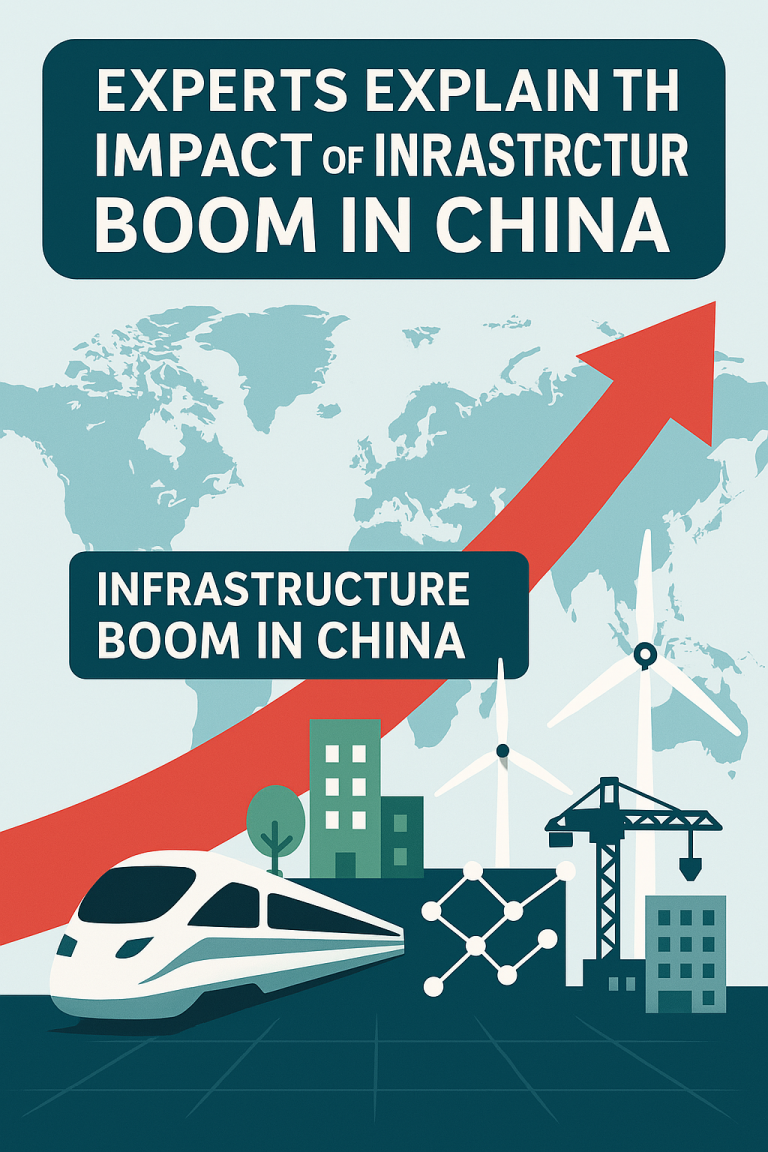 Infographic showing China's infrastructure boom in 2025 with high-speed rail, smart cities, green energy, and digital logistics icons.