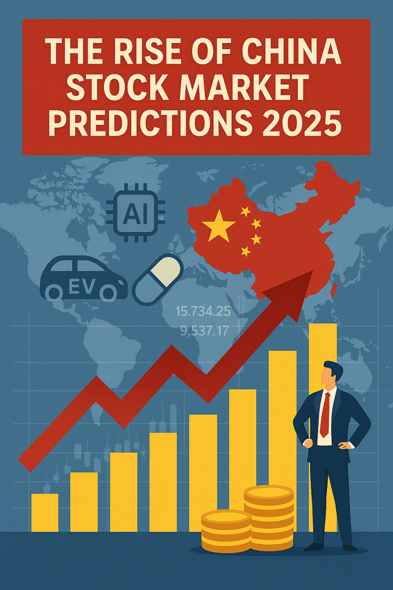 Illustration of China stock market predictions for 2025 with bar charts, upward arrow, and symbols of AI, EV, and healthcare.