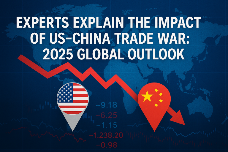 Graphic showing the impact of US-China trade war in 2025 with flags, global map, and declining stock chart.