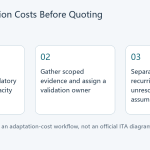 Three-step editorial diagram: classify the adaptation, gather evidence and assign a validator, then separate upfront and recurring costs.