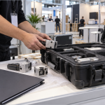 AI illustration of unbranded sample components being packed into a padded case at a generic exhibition booth.