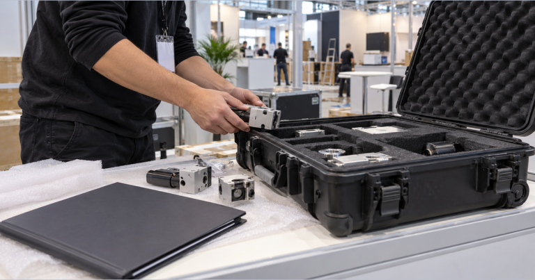 AI illustration of unbranded sample components being packed into a padded case at a generic exhibition booth.