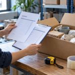AI illustration of a logistics worker comparing two sheets beside a carton of unbranded household goods.