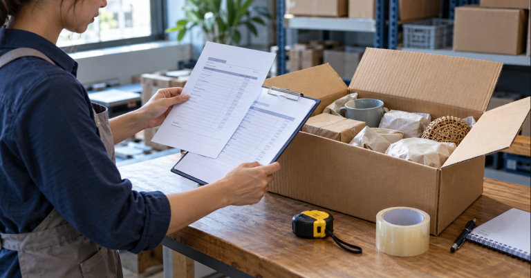 AI illustration of a logistics worker comparing two sheets beside a carton of unbranded household goods.