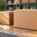 Two unmarked cardboard cartons and a blank hang tag on a packing surface beside a coral strap