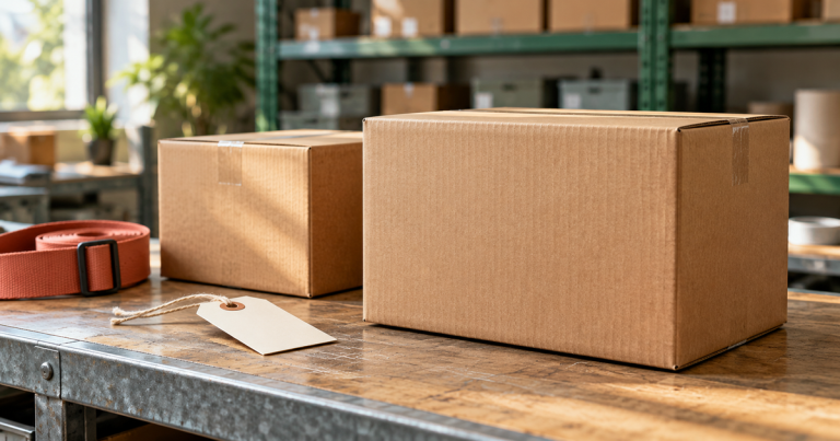 Two unmarked cardboard cartons and a blank hang tag on a packing surface beside a coral strap