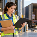 A logistics worker in a reflective vest reviews a clipboard and plain folders beside cartons at a warehouse loading area.