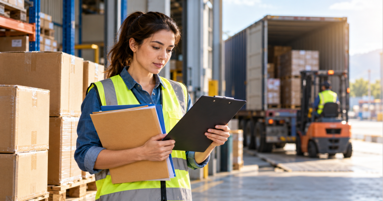 A logistics worker in a reflective vest reviews a clipboard and plain folders beside cartons at a warehouse loading area.