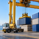 A generic yellow container-handling crane beside blue and gray freight containers in daylight