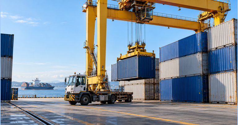 A generic yellow container-handling crane beside blue and gray freight containers in daylight