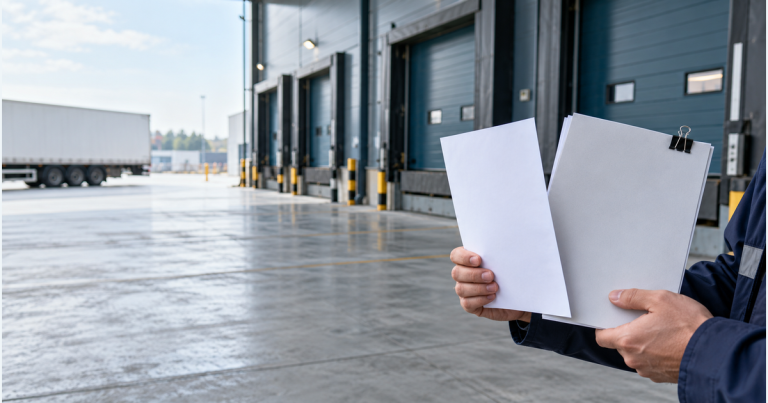 A worker holds two separate blank document packets at the right of a cool blue-grey industrial loading bay