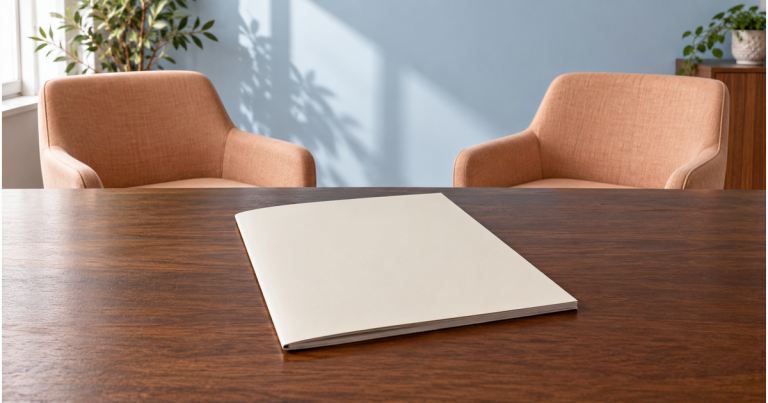 Blank cream booklet on a dark wooden table with two empty apricot chairs and a pale-blue wall
